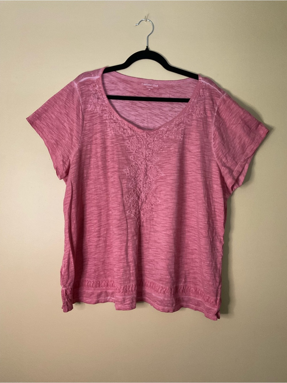 Coldwater Creek Pink Short-Sleeve Embroidered Scoop Neck Tee